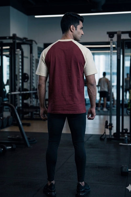 Male Combination Oversized T-Shirts – Maroon & Cream